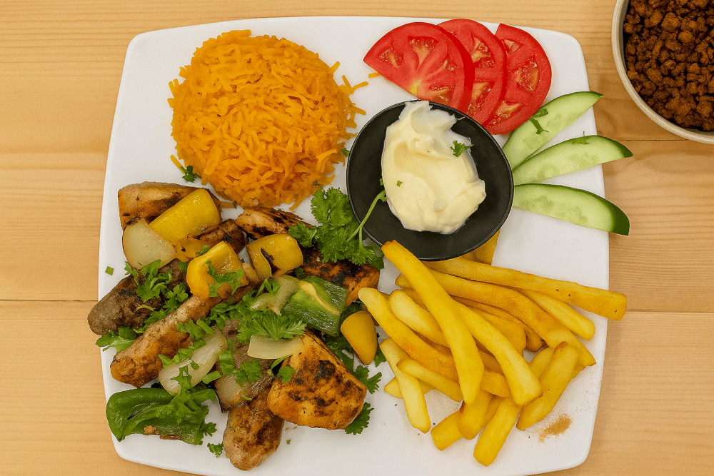 Enjoy a hearty meal of tender grilled chicken and fragrant rice, served with traditional sides at Yalla Kebab & Grill